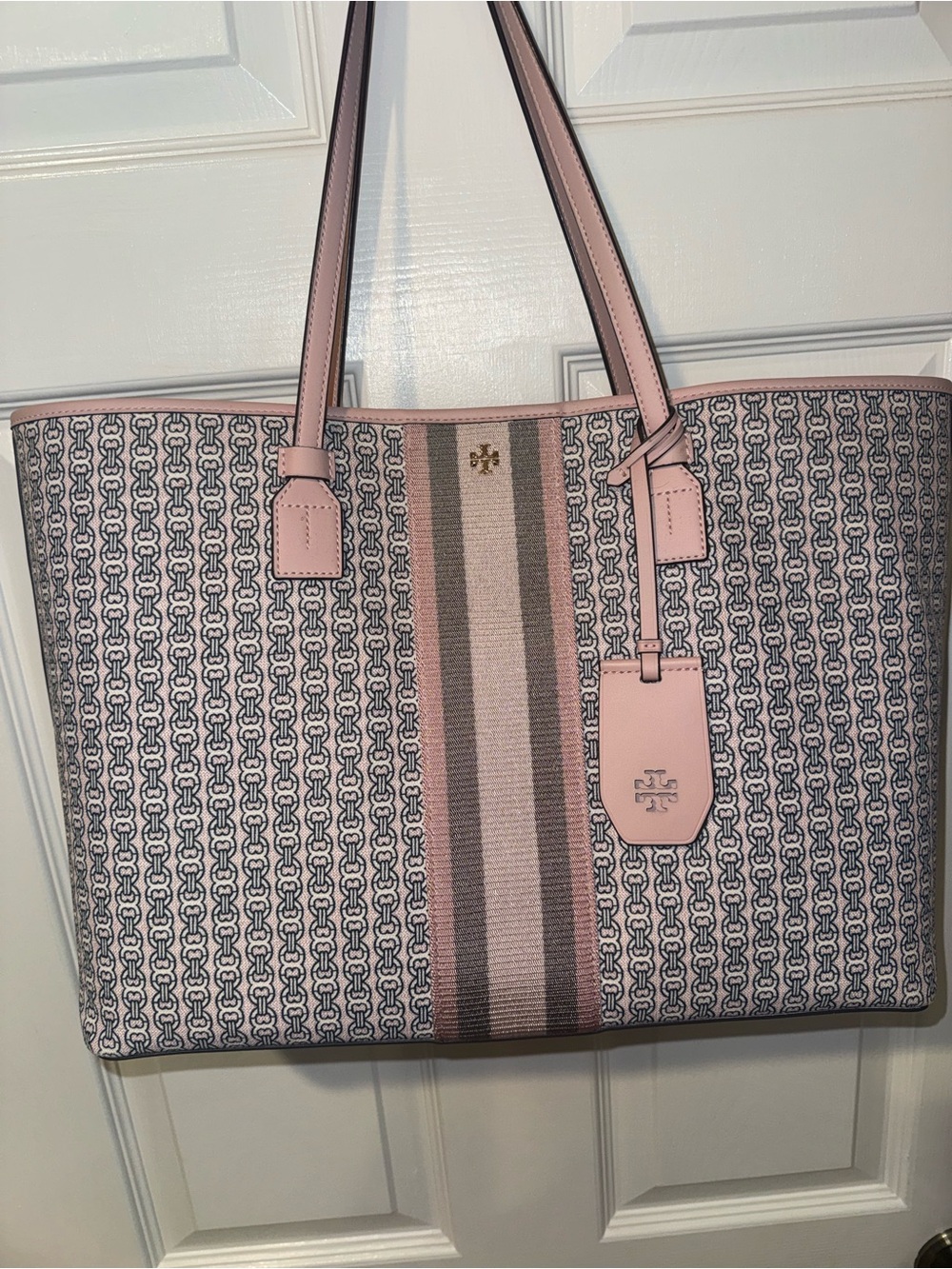 Tory Burch Pink Link Monogram Stripe Tote